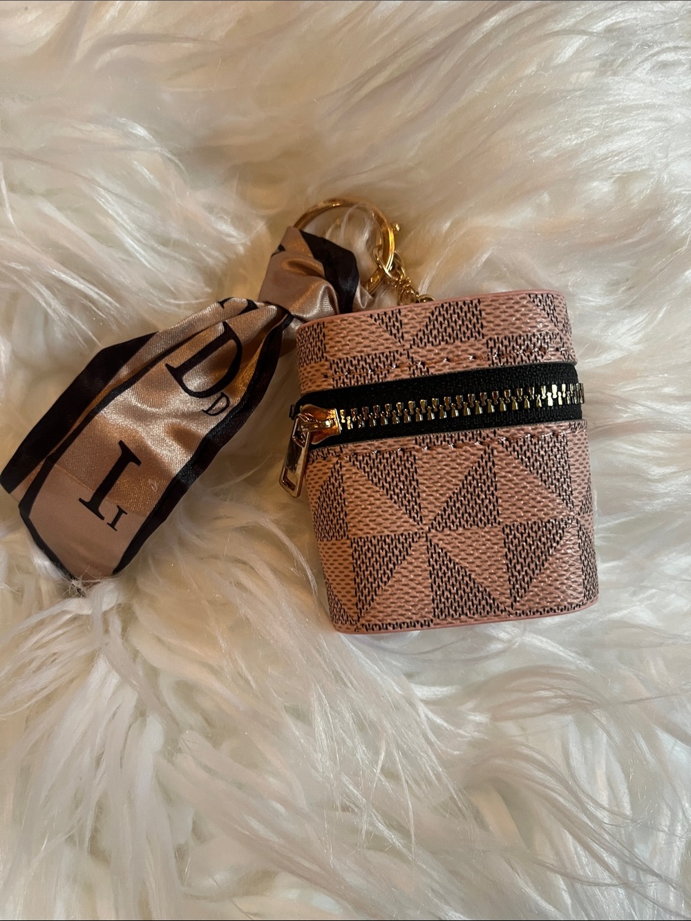 Pink Geometric Keychain Pouch with Scarf Accent fashion bag charm